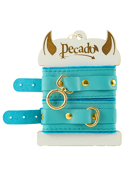 Оковы Pecado BDSM, «МИНИ» двуслойный, оригинальная сцепка, натуральная кожа, голубой