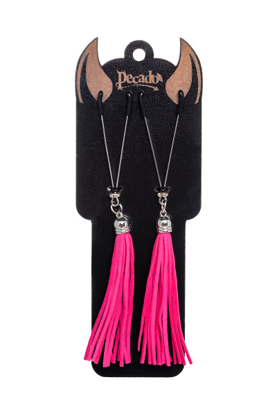 Зажимы на соски «вилки» с кисточками из замши Pecado BDSM, Фуксия